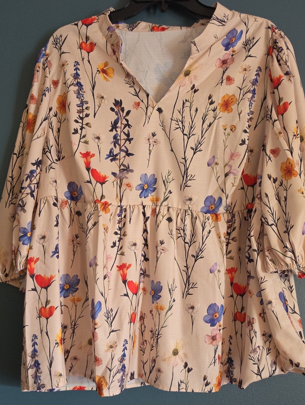 Floral Peplum Women’s Dress - Cream with Blue & Orange Flowers